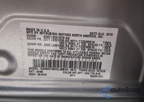 2015 Mitsubishi Outlander Sport Es z USA, uszkodzony, nr VIN 4A4AR3AW7FE049408